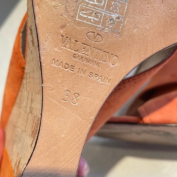 Valentino Crossover Wedge Heels 38 8 Orange Rust Suede Cork Slides Sandals - Picture 8 of 8